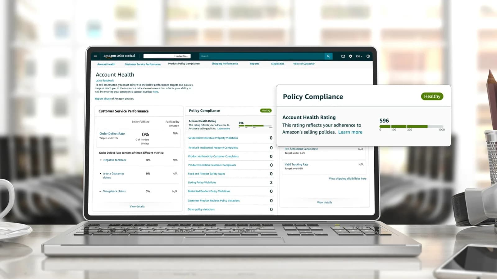 Amazon Seller Central Account Health page on a laptop, showing Customer Service Performance with Order Defect Rate target under 1%, Policy Compliance with an Account Health Rating of 596 marked Healthy, and violation counts for intellectual property, product authenticity and listing policy