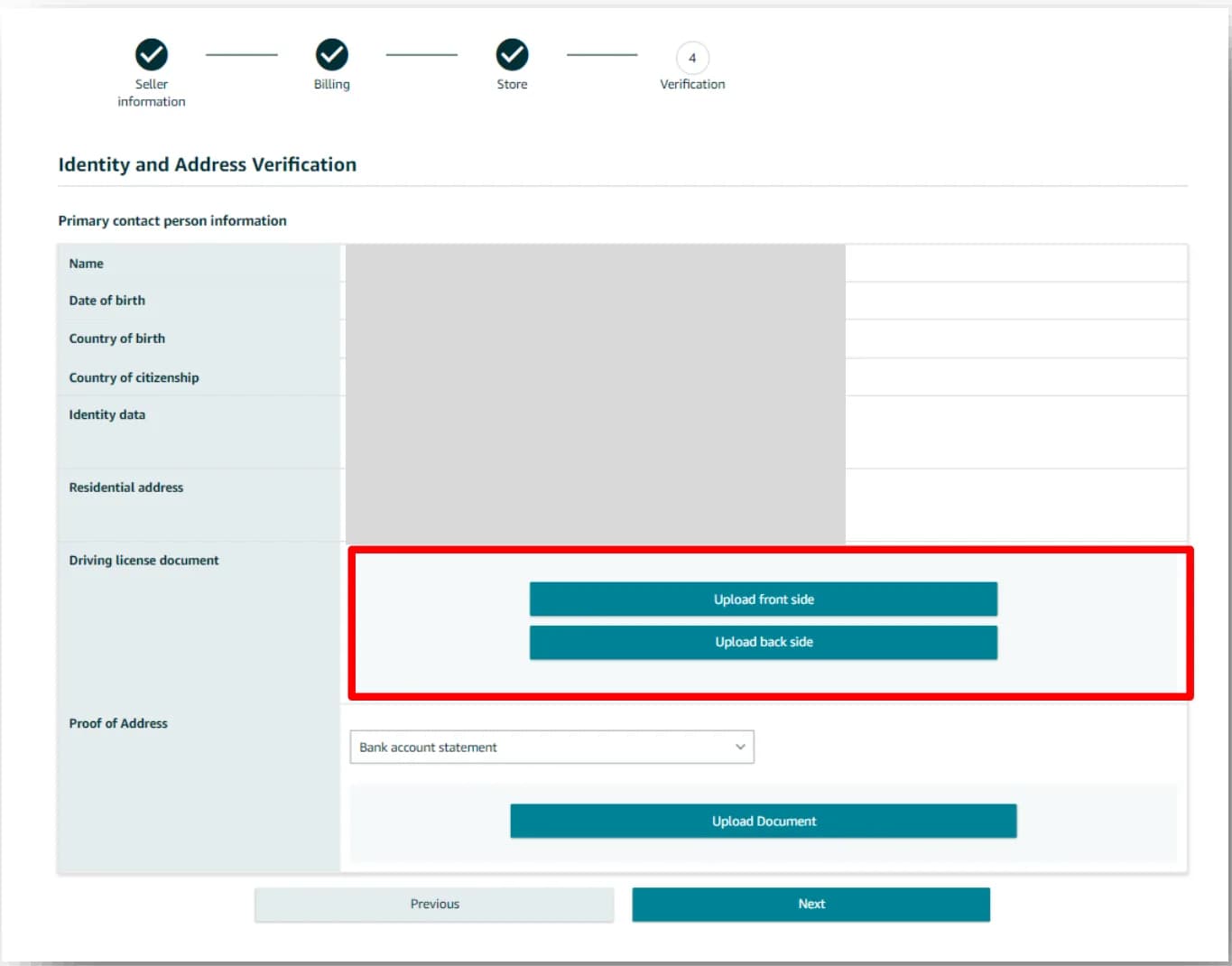 Amazon Seller Central Identity and Address Verification page with Upload front side and Upload back side buttons for a driving license and a Proof of Address dropdown set to Bank account statement