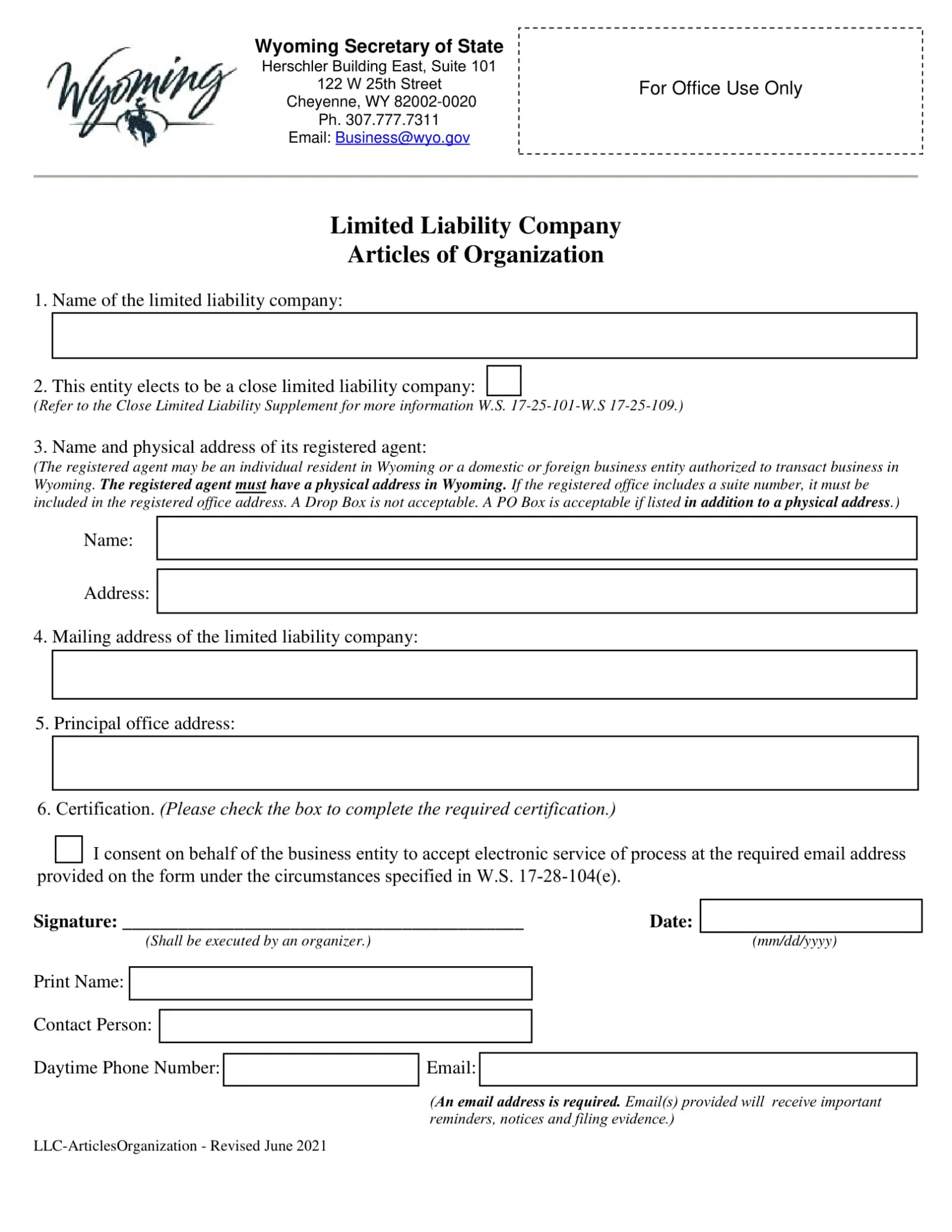 Blank Wyoming Secretary of State Limited Liability Company Articles of Organization form with fields for name, registered agent, mailing address, principal office address and organizer signature