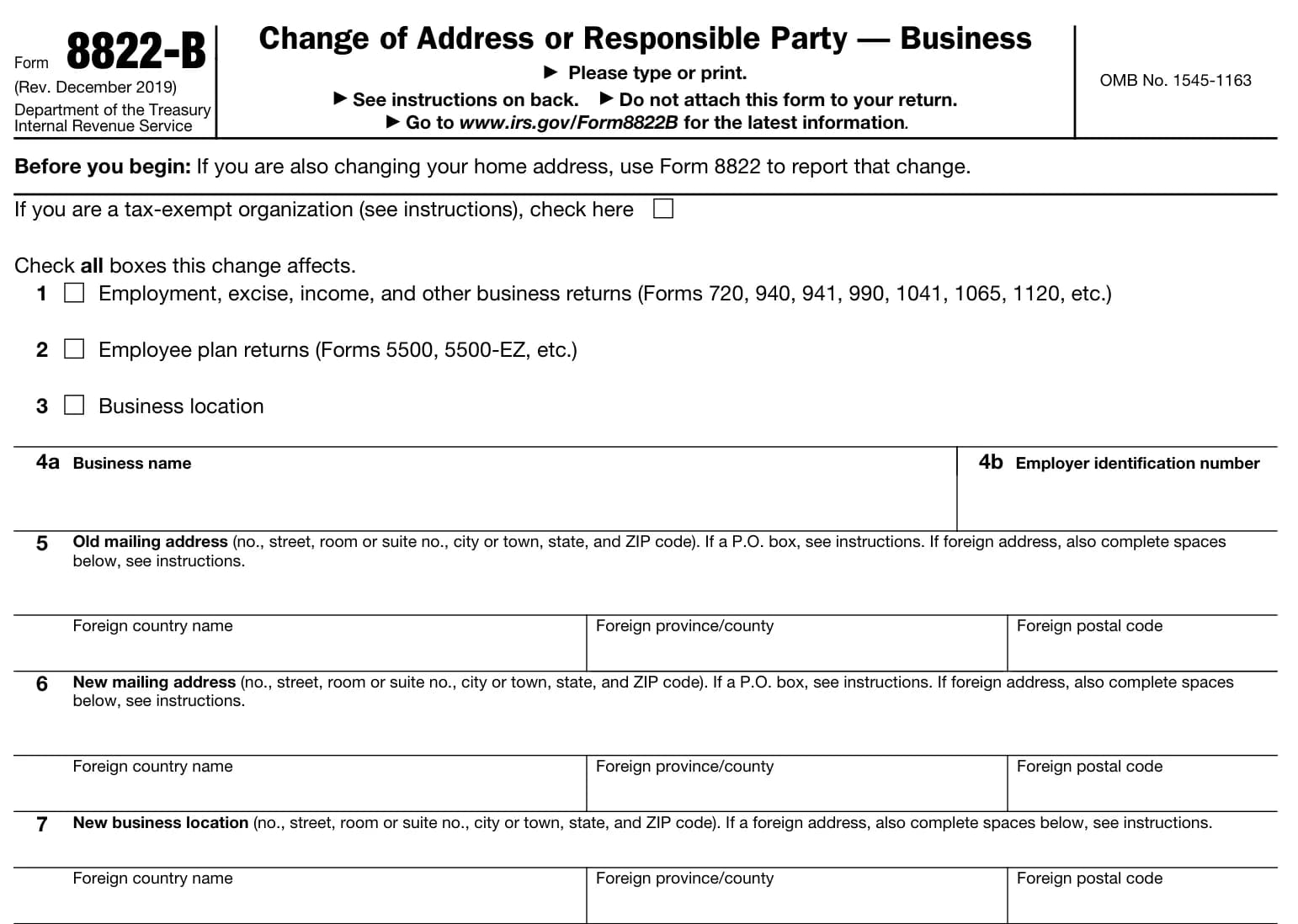 IRS Form 8822-B, Change of Address or Responsible Party for a business, showing the business location box and the old and new mailing address lines.