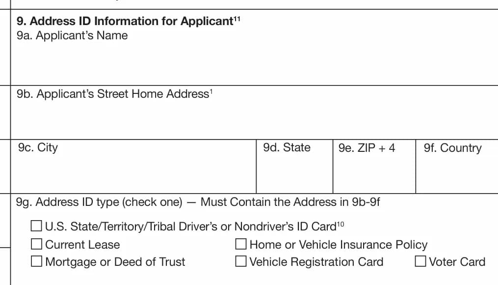 Box 9 of USPS PS Form 1583 listing the accepted address ID types: driver’s or non-driver ID card, current lease, mortgage or deed of trust, home or vehicle insurance policy, vehicle registration card and voter card.