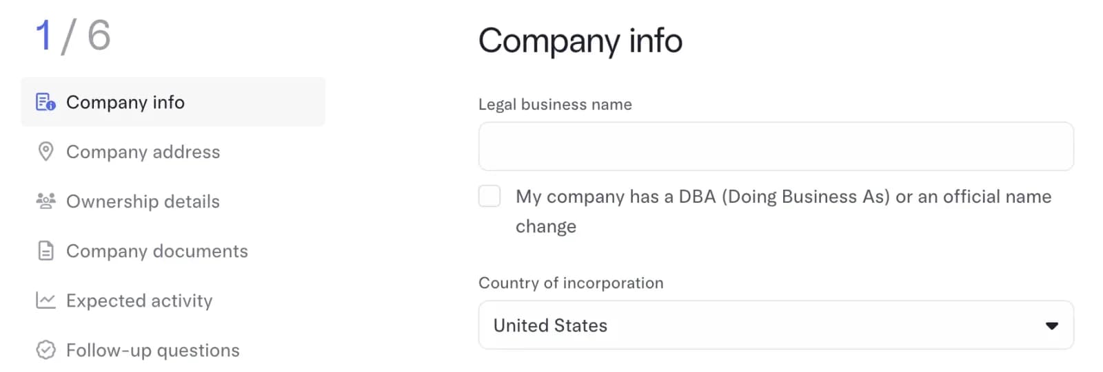 Mercury application sidebar showing step 1 of 6: Company info, Company address, Ownership details, Company documents, Expected activity, and Follow-up questions, next to a Legal business name field