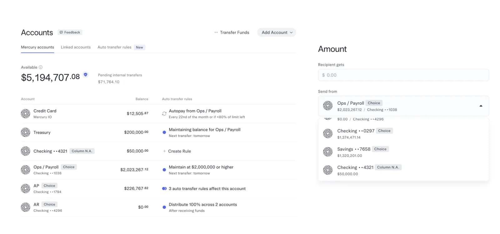 Mercury Accounts page with Choice and Column N.A. badges next to each checking account, and a Send from dropdown showing the same badges