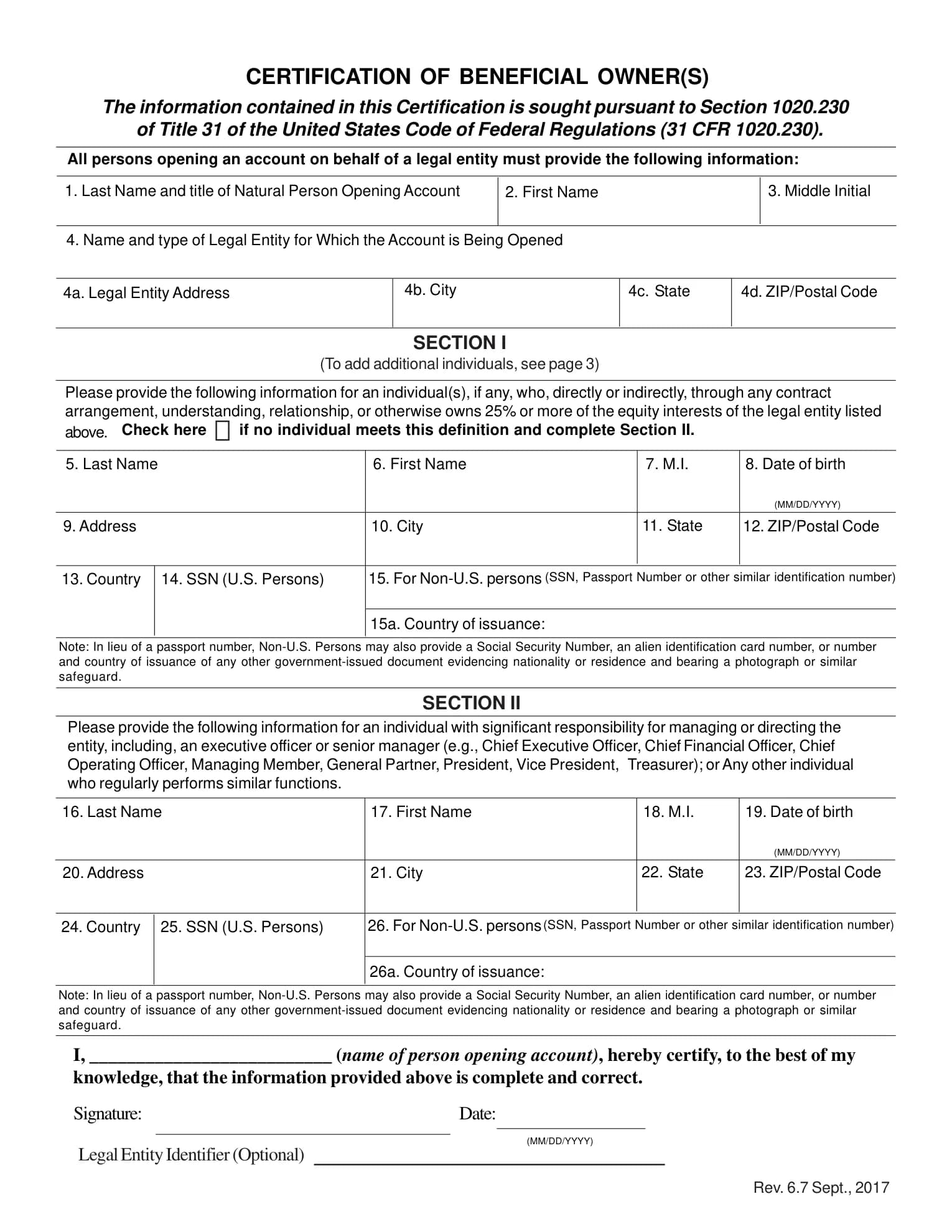 Blank FinCEN Certification of Beneficial Owners form with fields for each 25% owner’s name, date of birth, address, country, SSN for US persons and passport number for non-US persons, and a section for one controlling individual