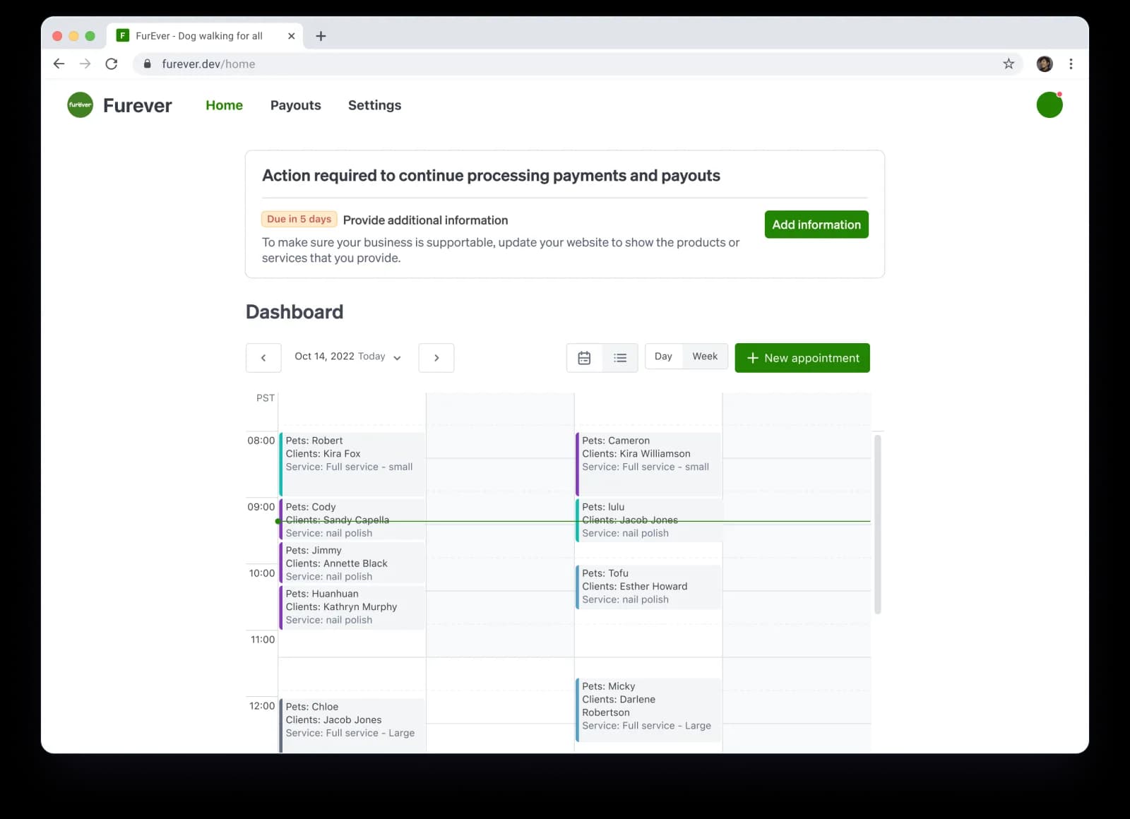 Stripe Action required banner reading "Action required to continue processing payments and payouts", with a Due in 5 days label and an Add information button