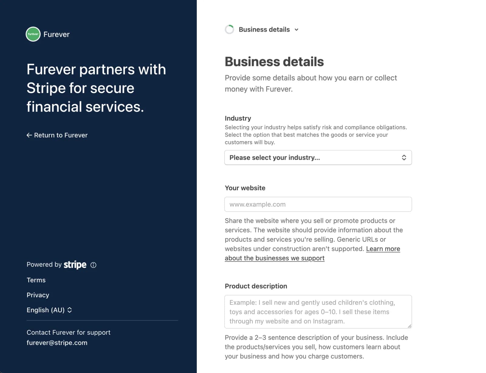 Stripe onboarding Business details form with Industry dropdown, Your website field and Product description box