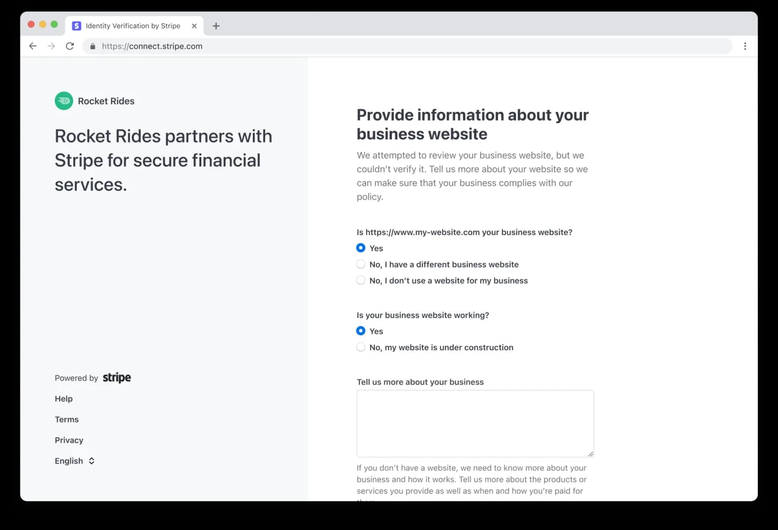 Stripe form "Provide information about your business website" asking whether the URL is your business website, whether it is working or under construction, and to describe the business