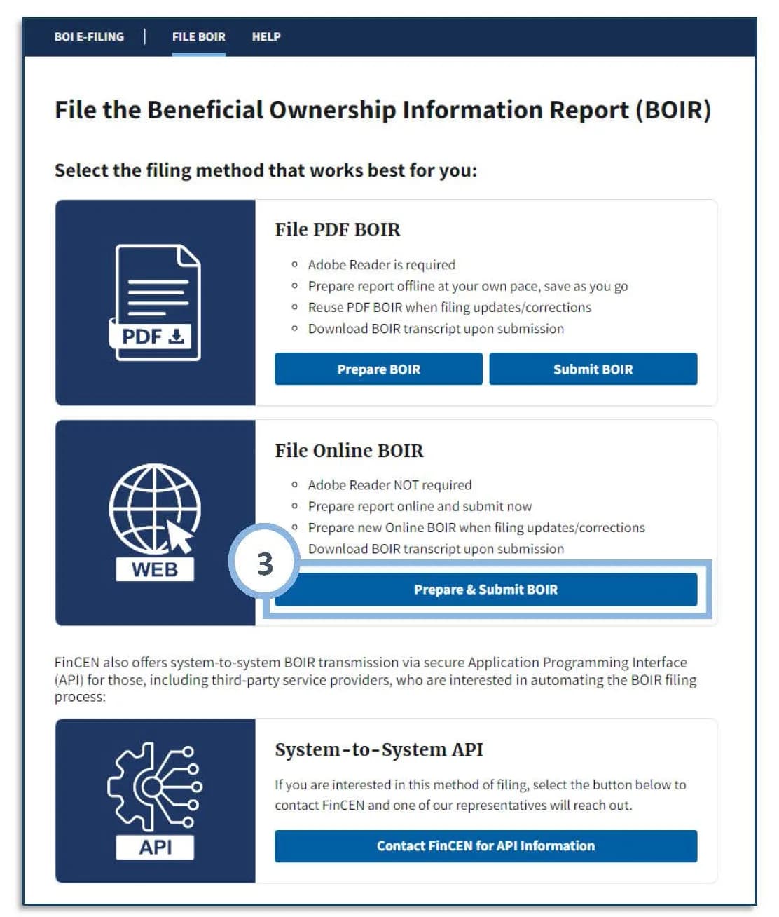 FinCEN BOI E-Filing page titled File the Beneficial Ownership Information Report, offering three methods: File PDF BOIR, File Online BOIR, and System-to-System API.