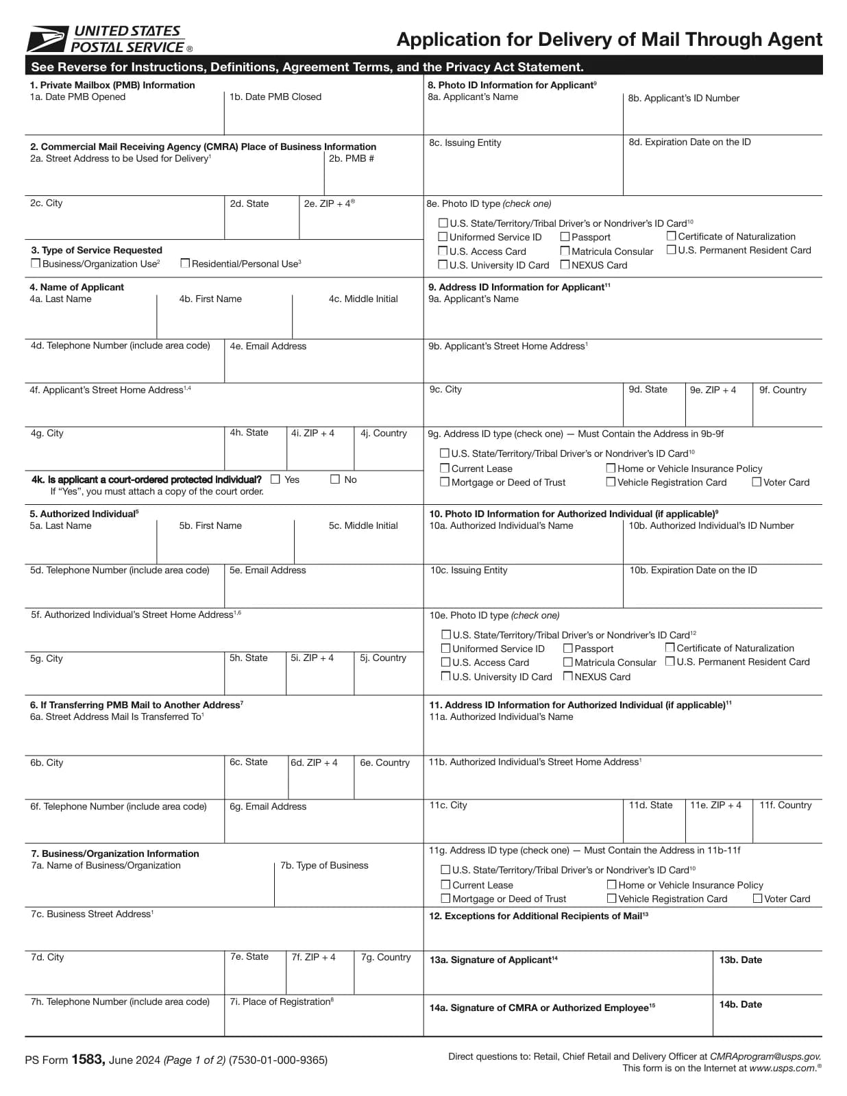Page 1 of a blank USPS PS Form 1583, Application for Delivery of Mail Through Agent, with boxes for PMB information, applicant, business, photo ID and address ID.