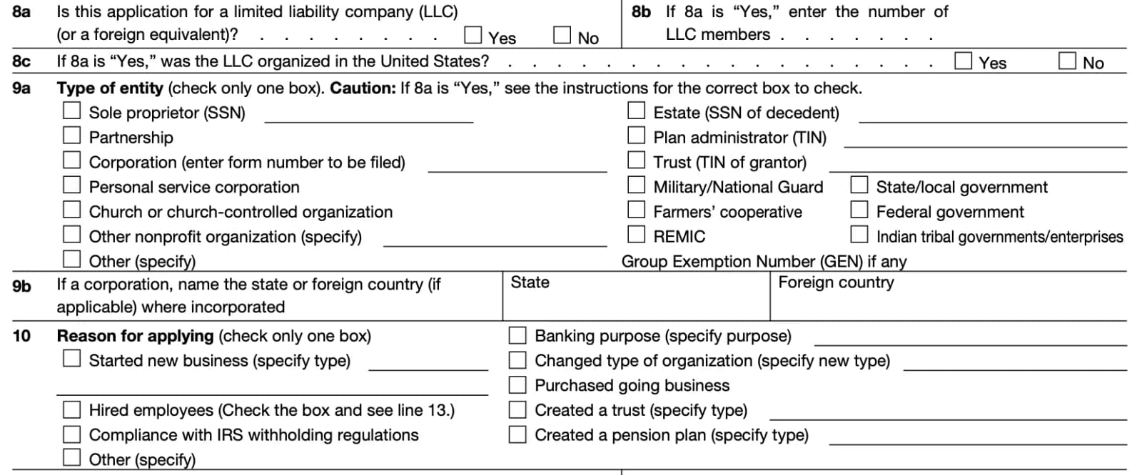 Form SS-4 lines 8a to 10: LLC questions, type of entity checkboxes including Other (specify), state or foreign country of incorporation, and reason for applying checkboxes